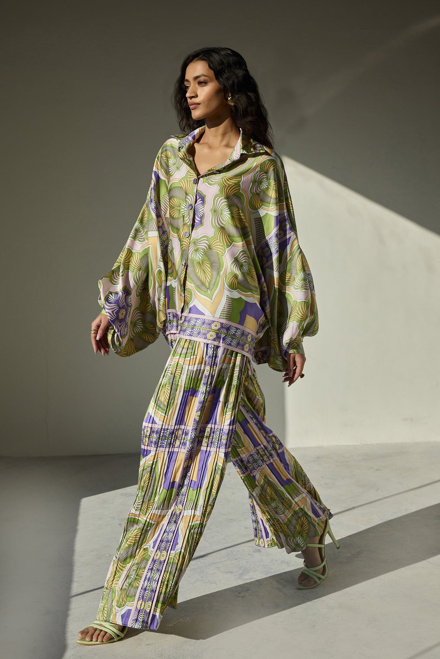 Purple Green Abastract Print Satin Co Ords Set With Pleated Pant