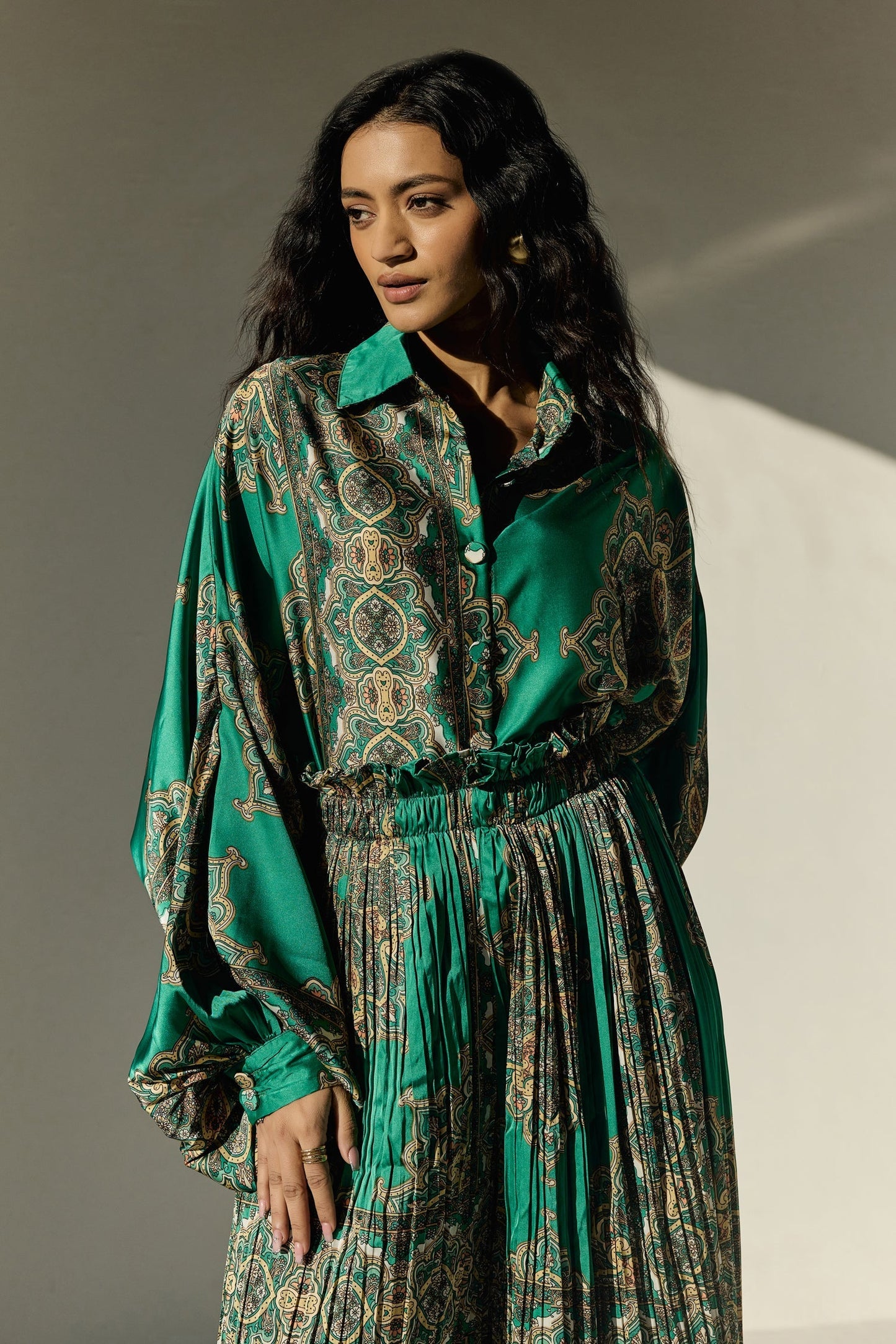 Green Abstract Print Satin Co Ords Set With Pleated Pant