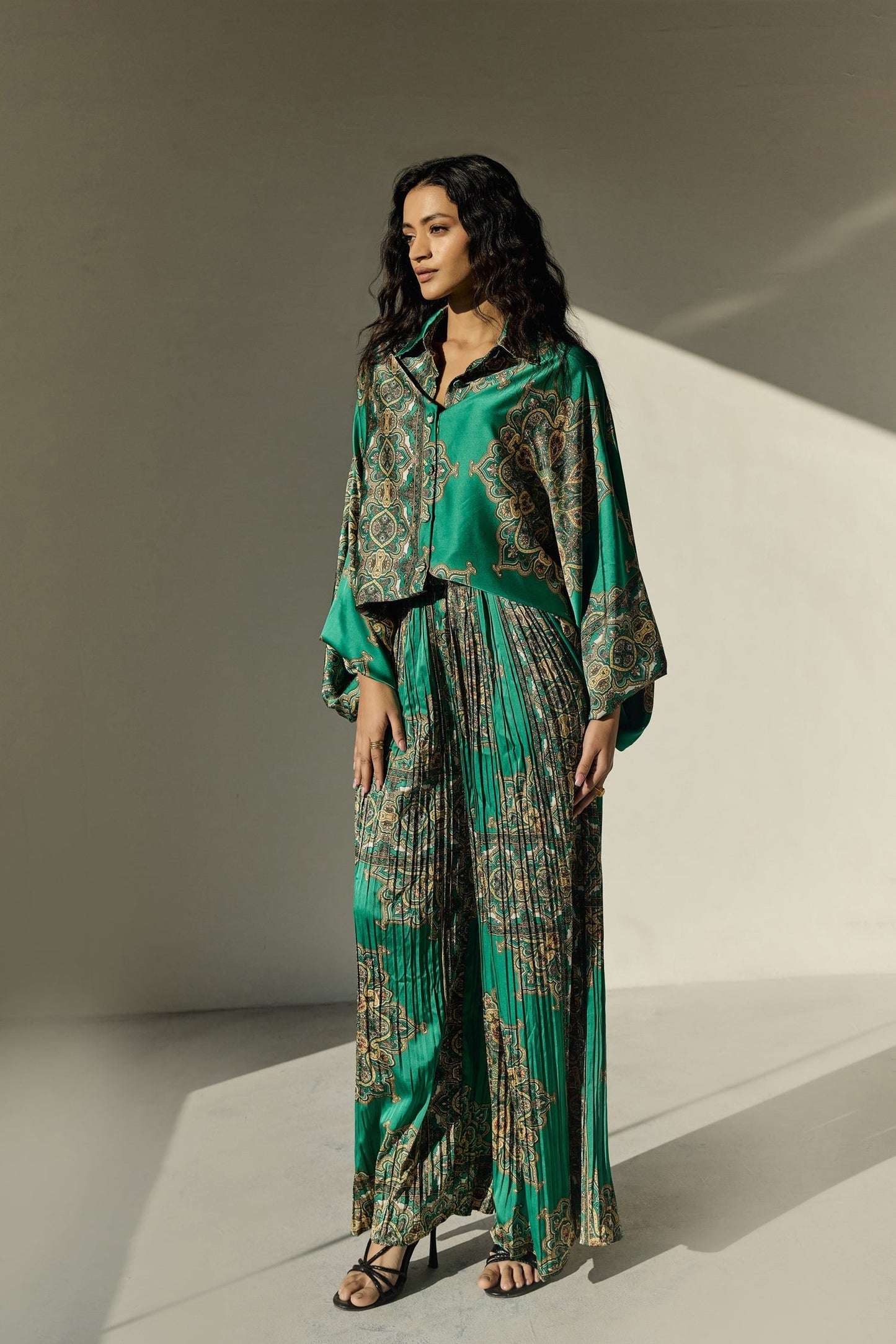 Green Abstract Print Satin Co Ords Set With Pleated Pant