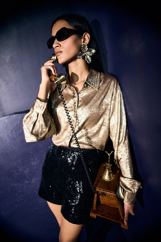 Gold Shimmer Shirt With Swarovski Studded Collar