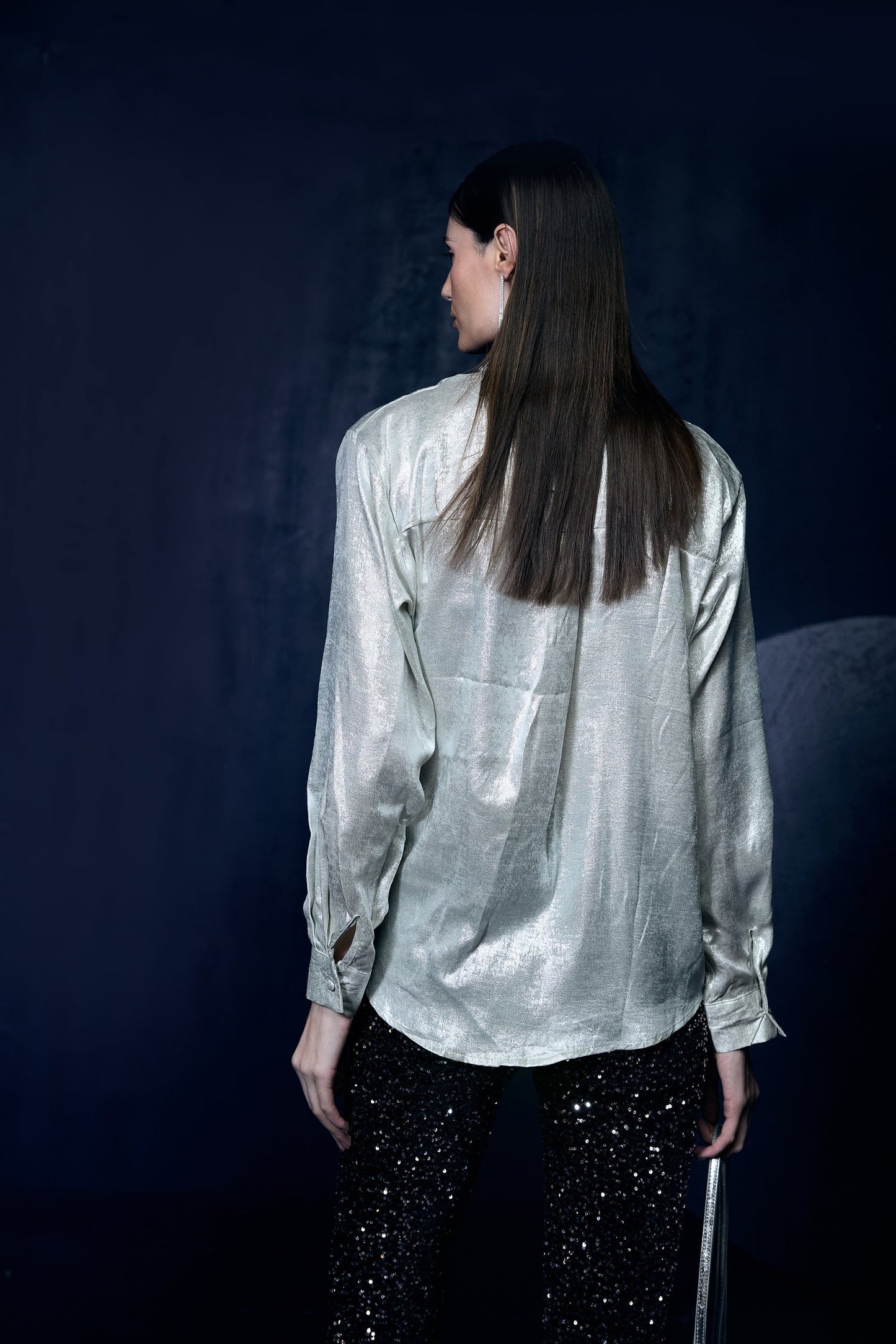 Metallic Silver Shimmer Shirt With  Swarovski Studded Collar