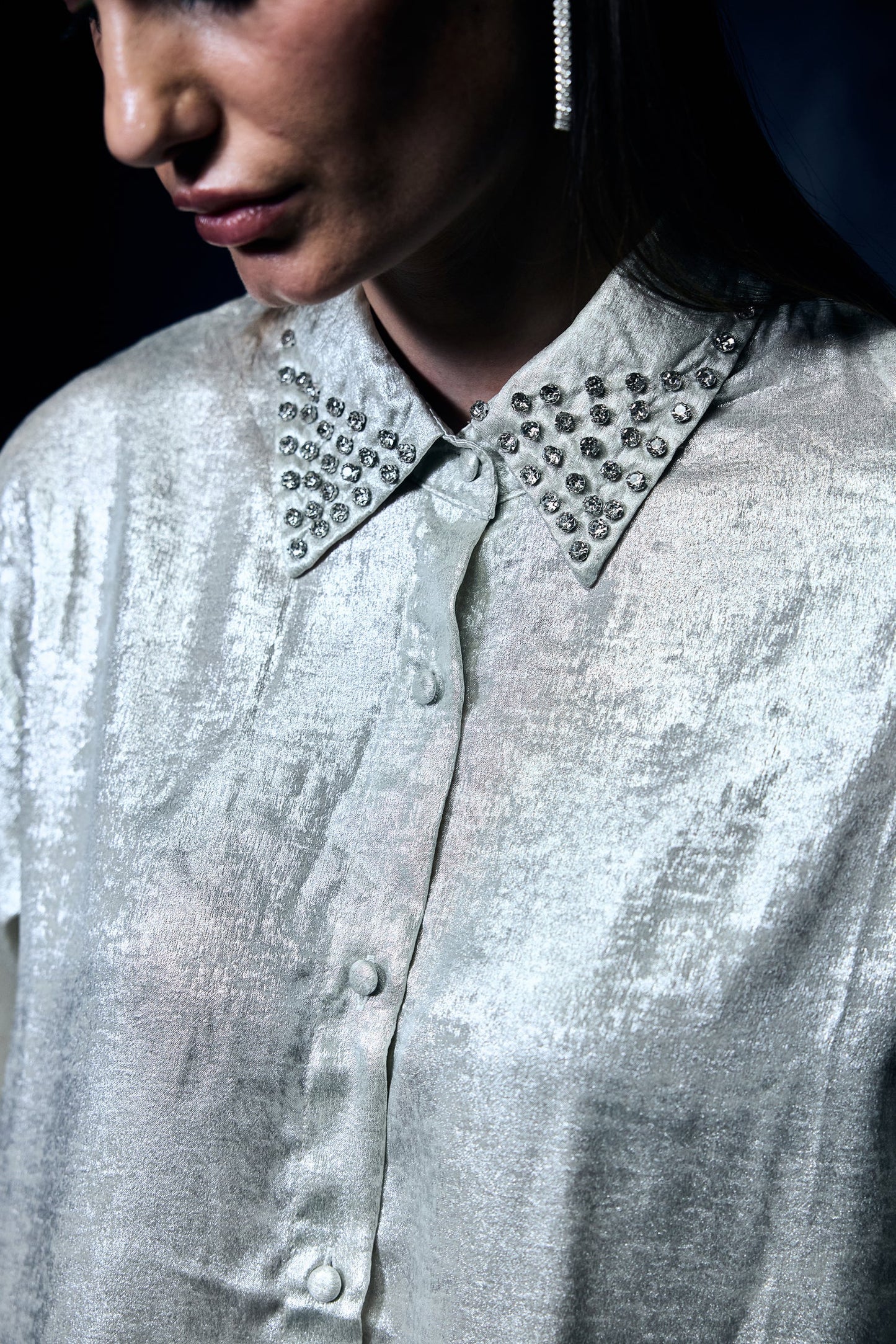 Metallic Silver Shimmer Shirt With  Swarovski Studded Collar