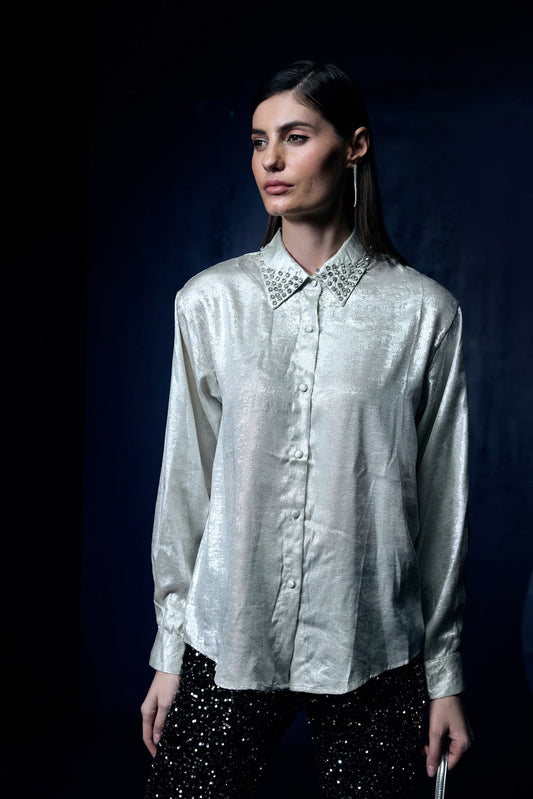 Metallic Silver Shimmer Shirt With  Swarovski Studded Collar