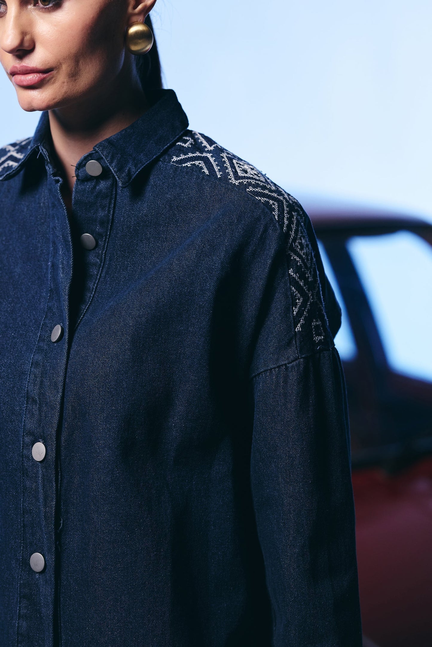 Casual Denim Blue Color Shirt With Embroiderd Shoulder