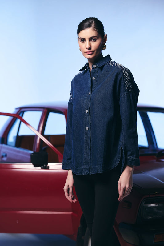 Casual Denim Blue Color Shirt With Embroiderd Shoulder