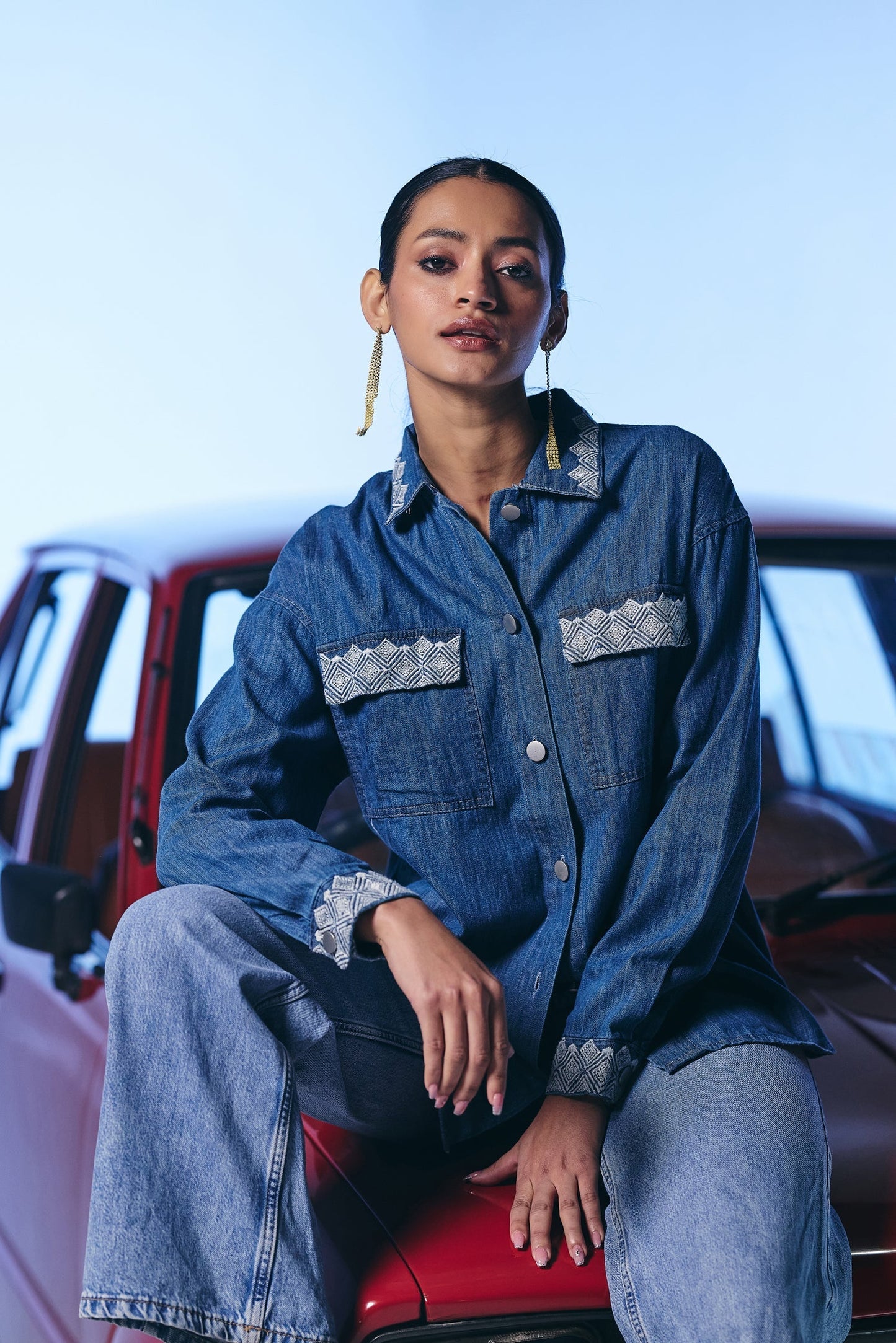 Casual Denim Blue Color Shirt With Embroidered details