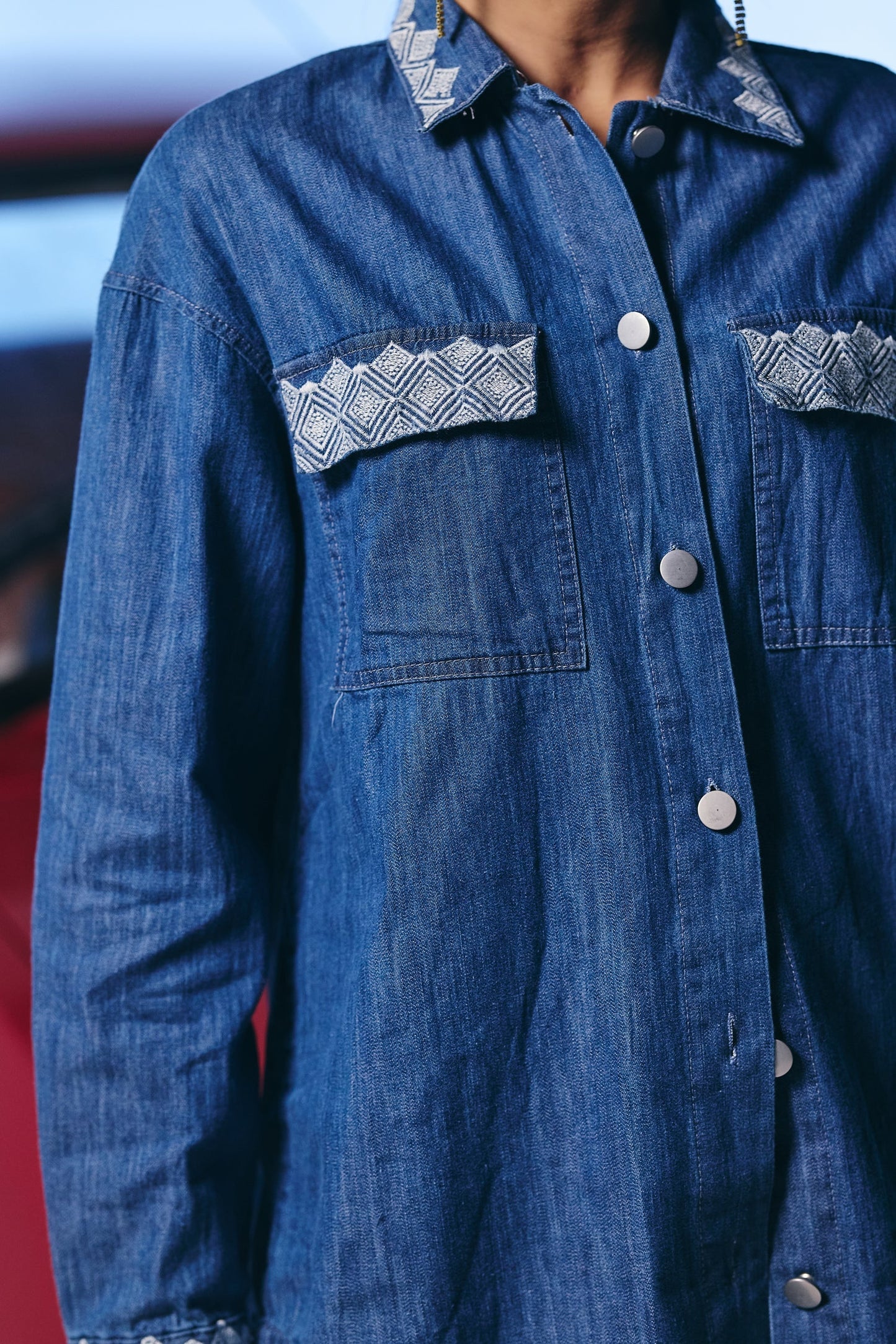 Casual Denim Blue Color Shirt With Embroidered details