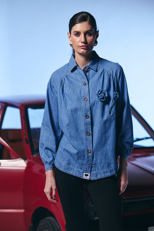 Casual Denim Light Blue Color Shirt with Flower Detailing