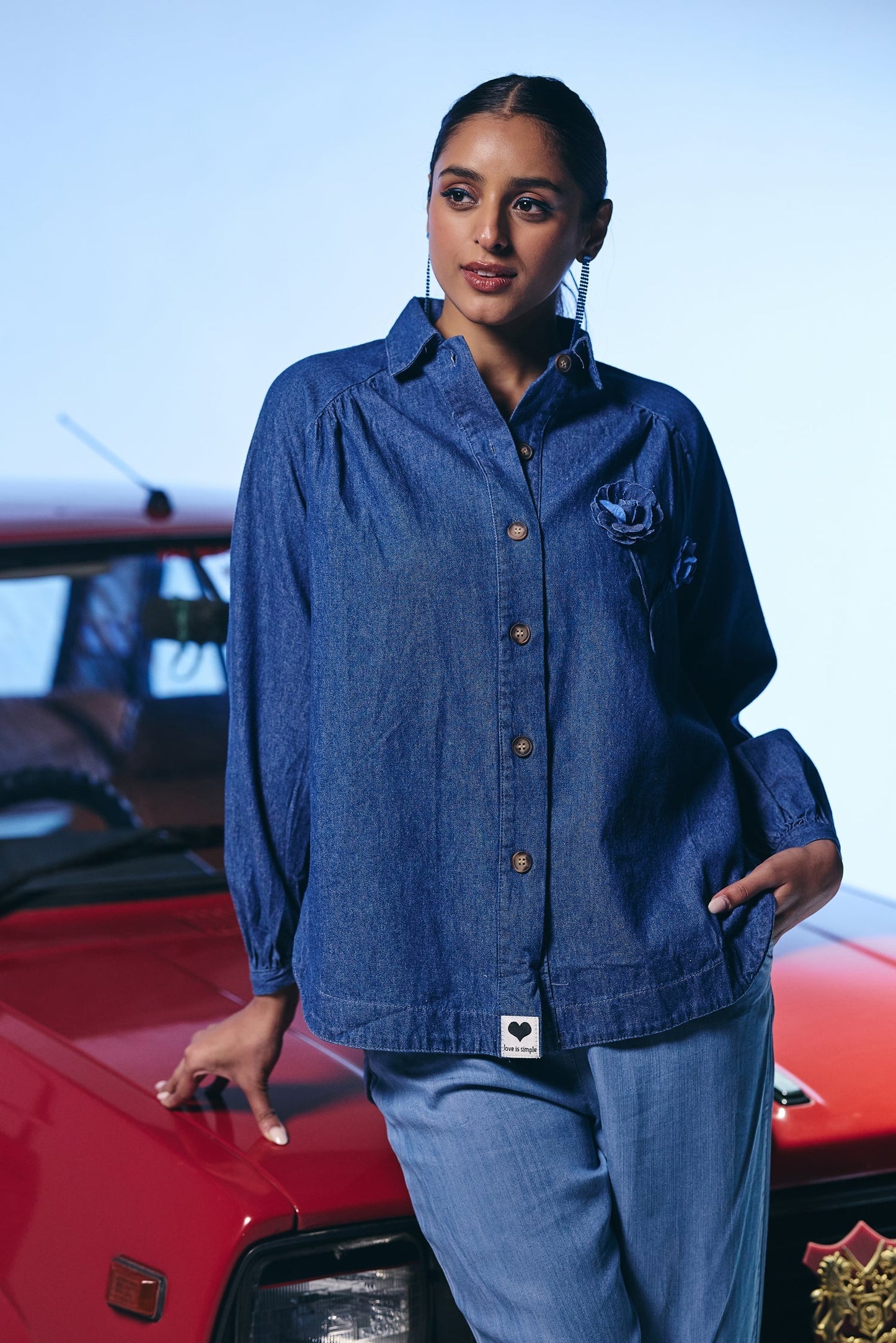 Casual Denim Blue Color Shirt with Flower Detailing