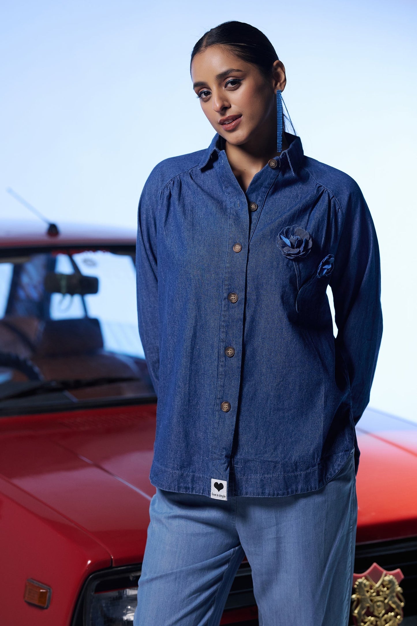 Casual Denim Blue Color Shirt with Flower Detailing