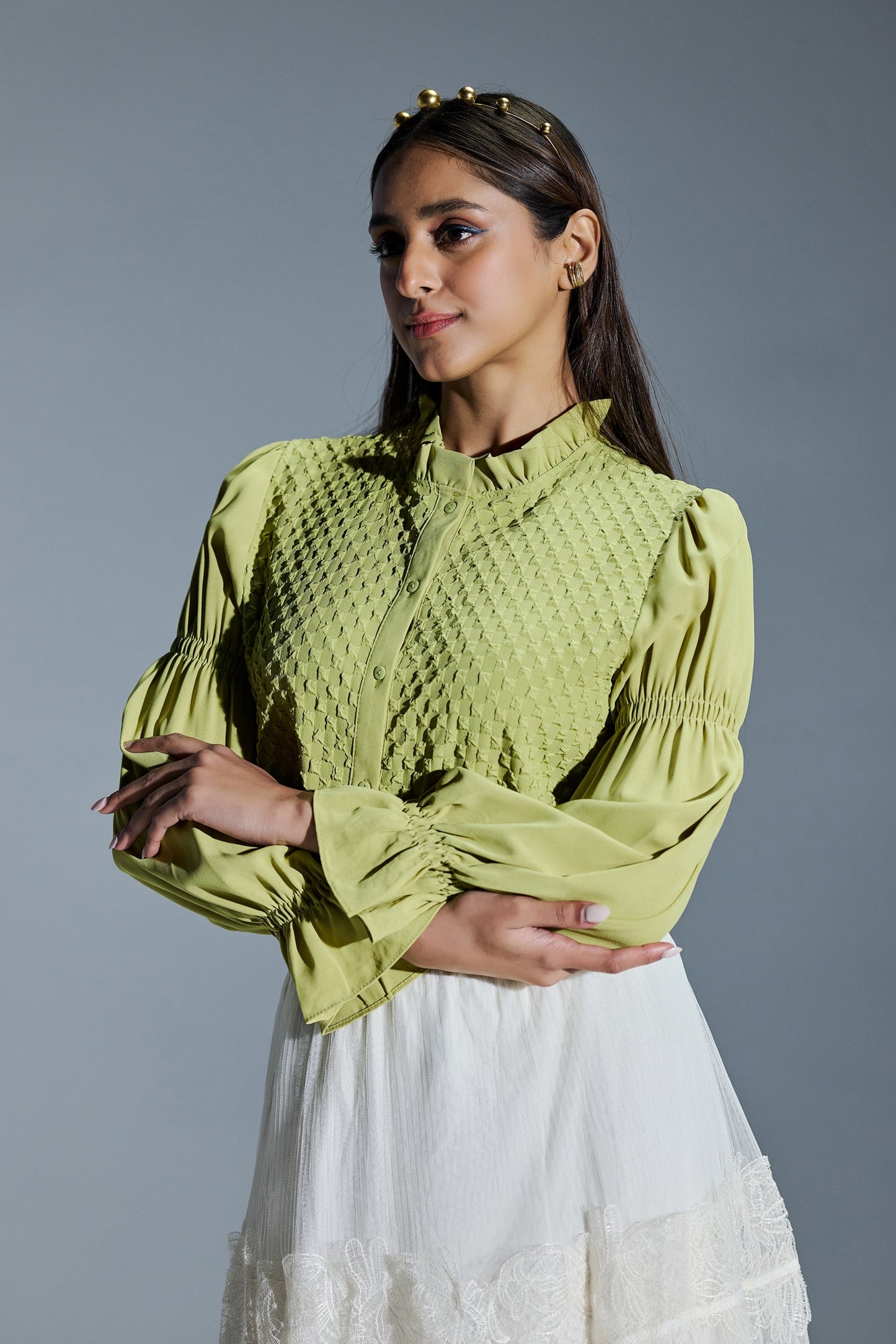 Formal Wear Bubble Effect Light Green Color Shirt With Frill Collar