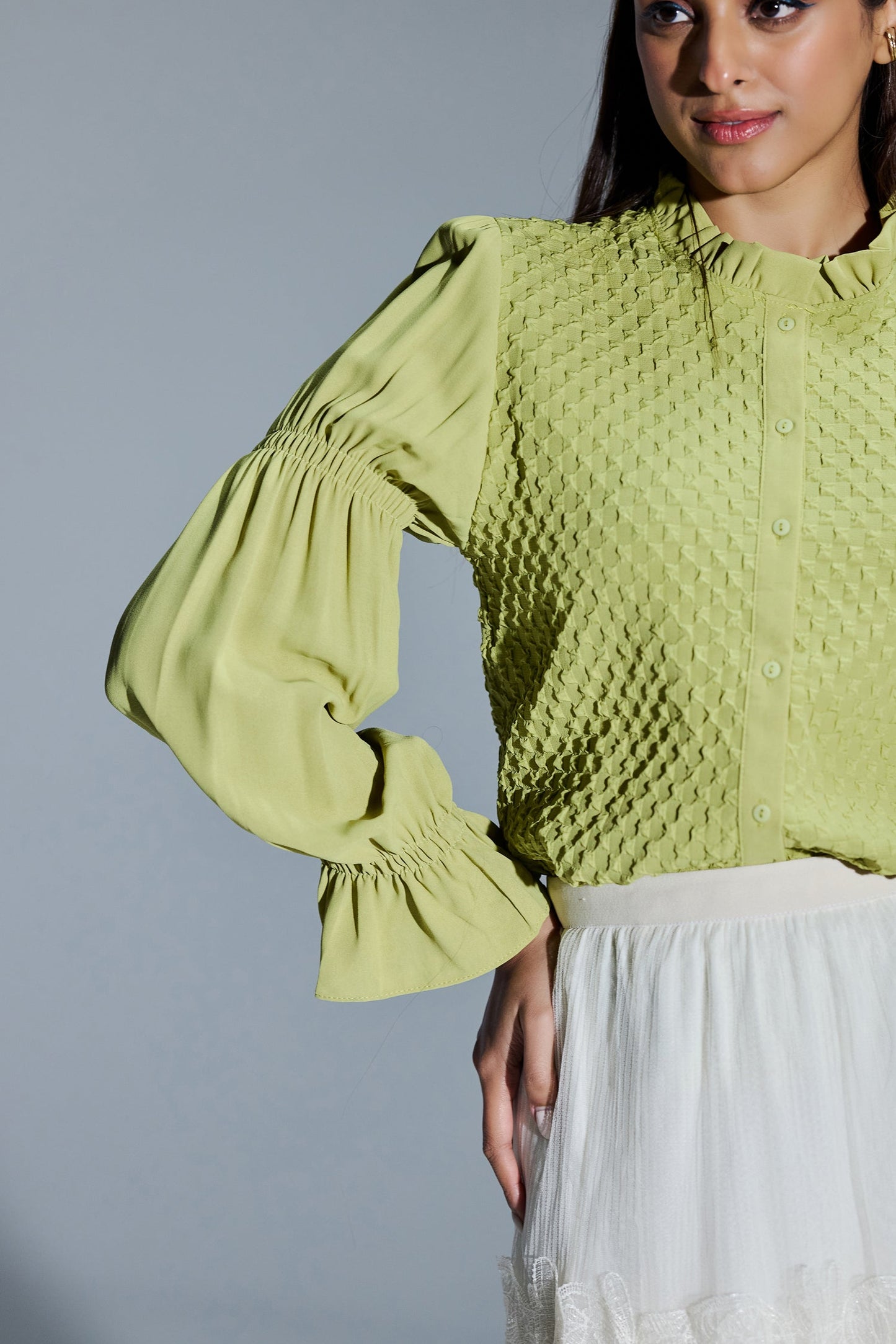 Formal Wear Bubble Effect Light Green Color Shirt With Frill Collar