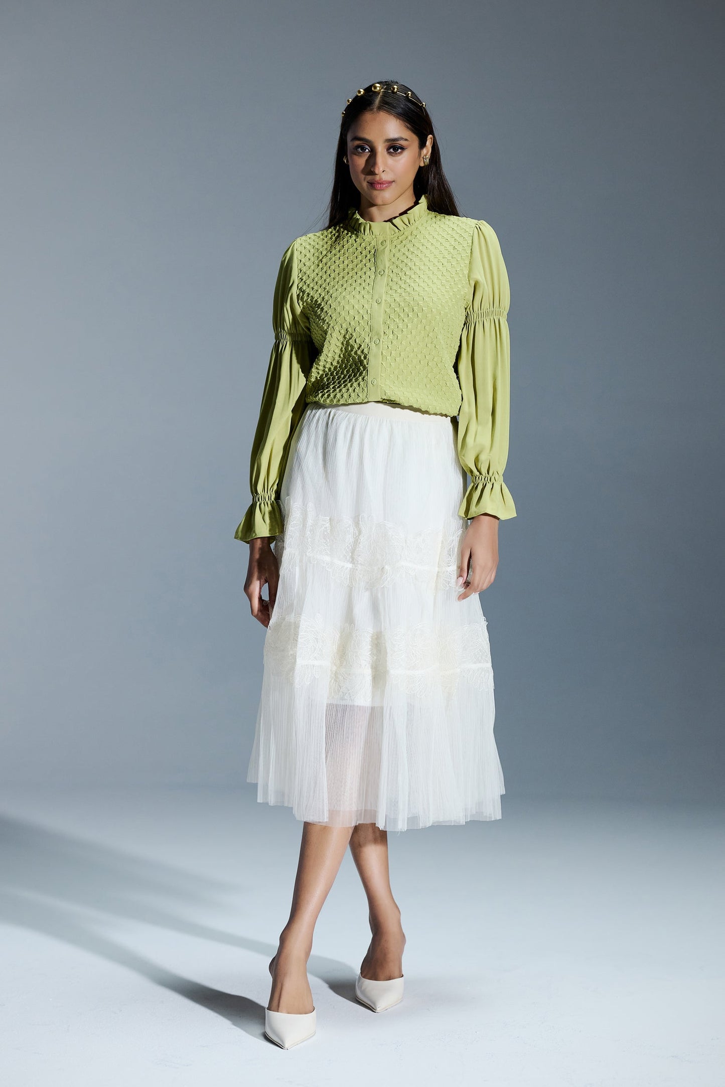 Formal Wear Bubble Effect Light Green Color Shirt With Frill Collar