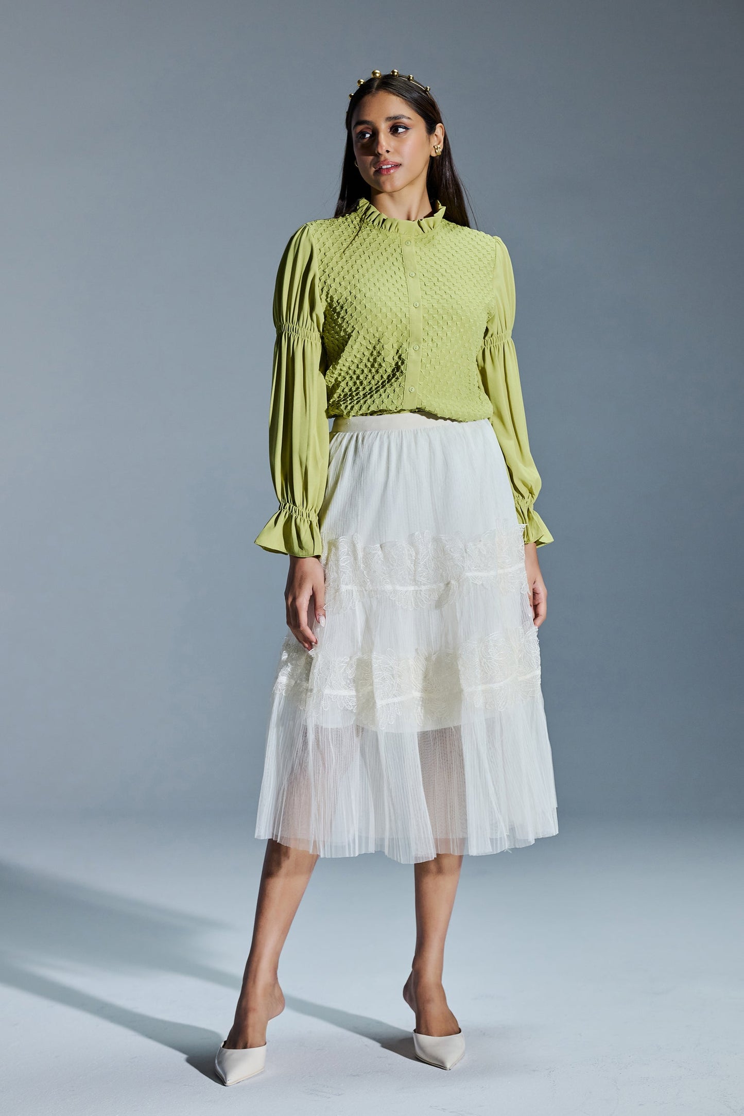 Formal Wear Bubble Effect Light Green Color Shirt With Frill Collar