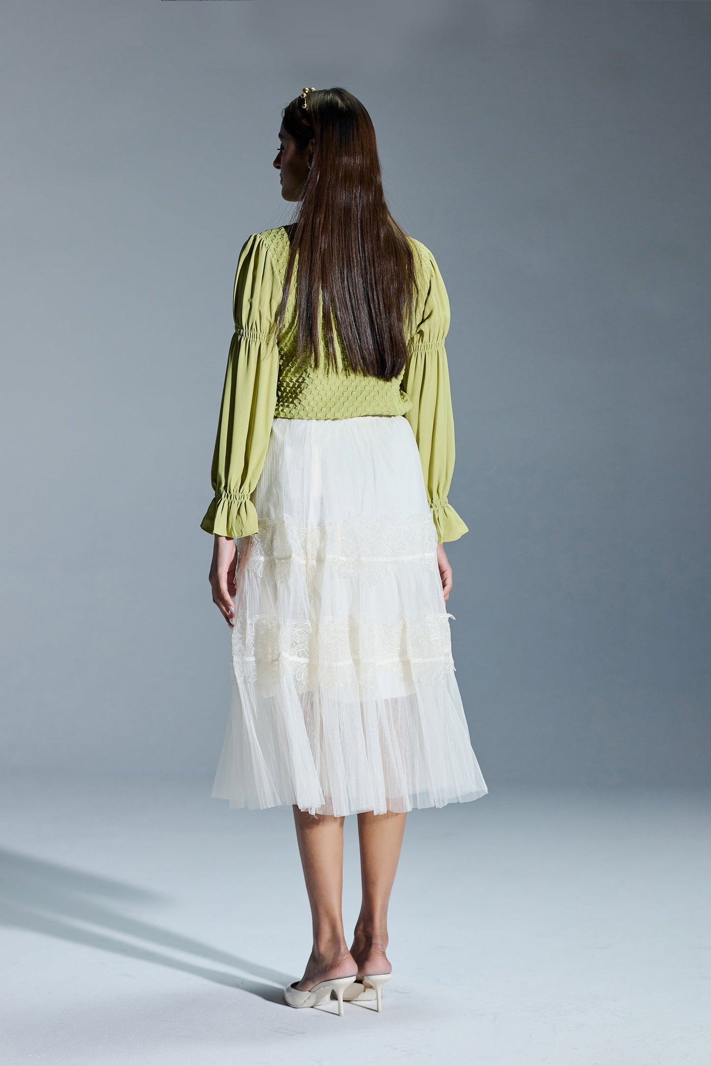 Formal Wear Bubble Effect Light Green Color Shirt With Frill Collar