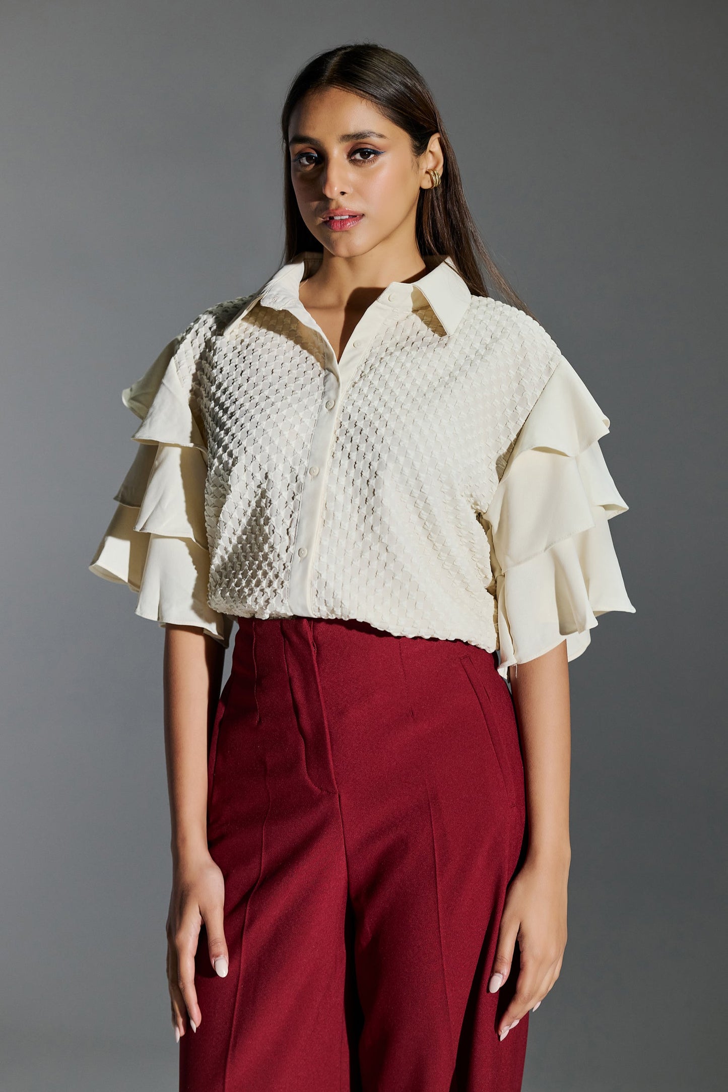 Formal Wear Bubble Effect Cream Color Shirt With Layer Flutter Sleeves