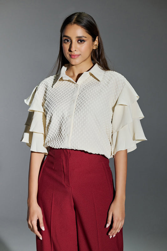 Formal Wear Bubble Effect Cream Color Shirt With Layer Flutter Sleeves