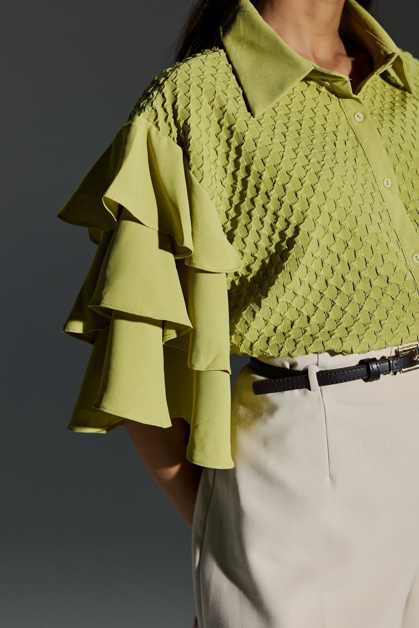 Formal Wear Bubble Effect Light Green Color Shirt With Layer Flutter Sleeves