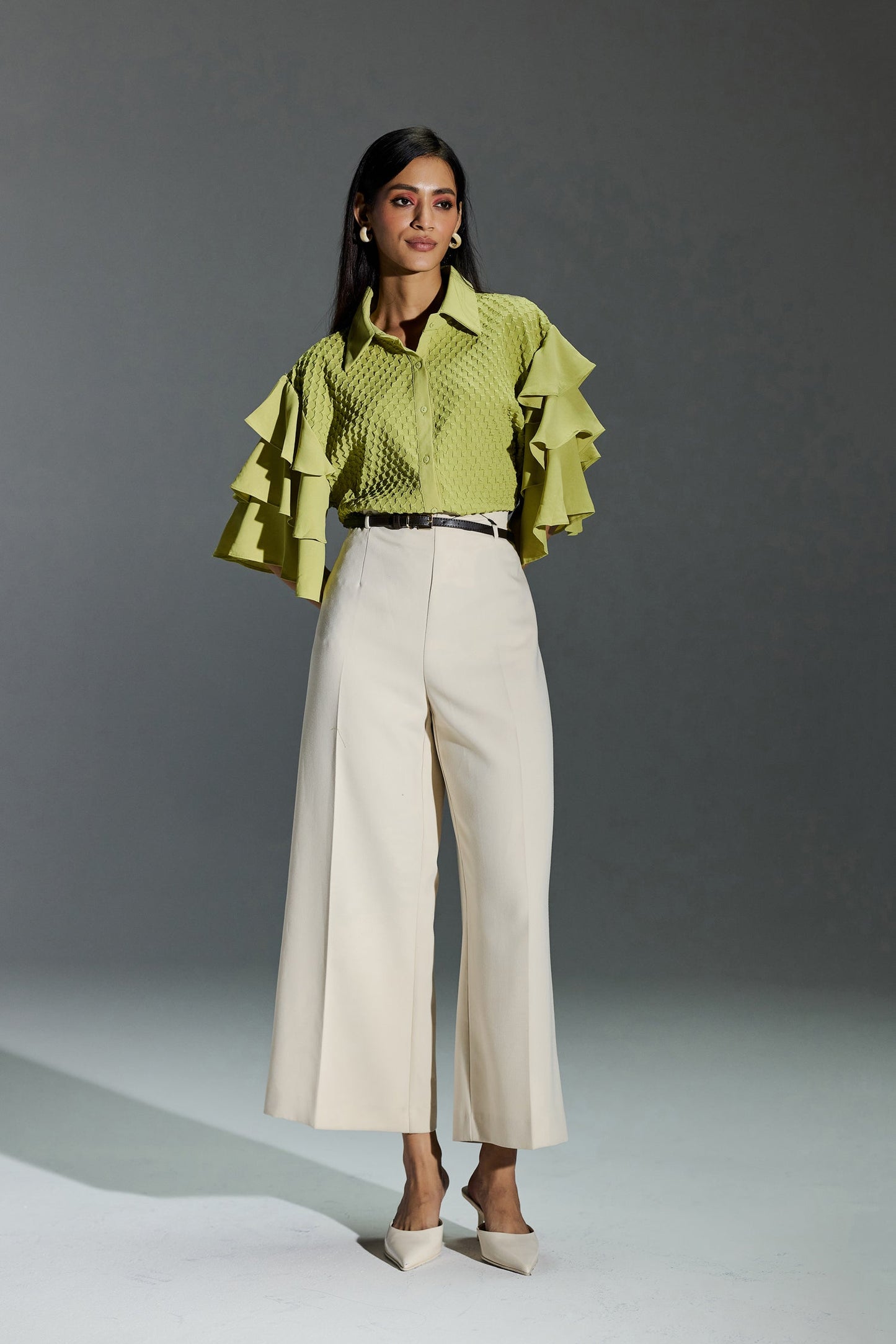 Formal Wear Bubble Effect Light Green Color Shirt With Layer Flutter Sleeves