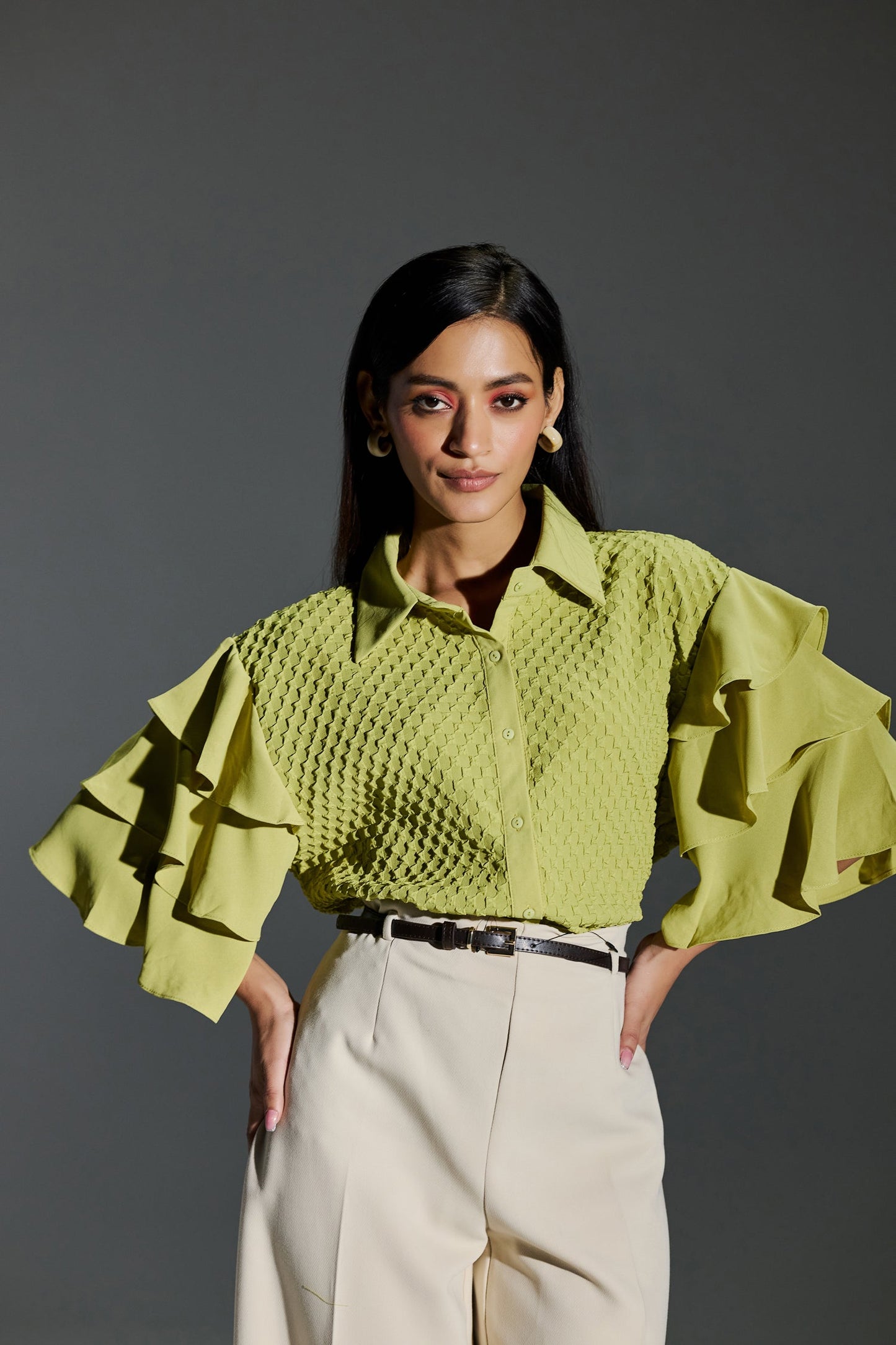 Formal Wear Bubble Effect Light Green Color Shirt With Layer Flutter Sleeves