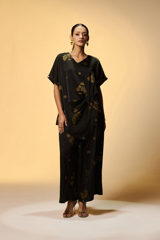 Party Wear Black Silk Co Ords Set With Golden Foil Print