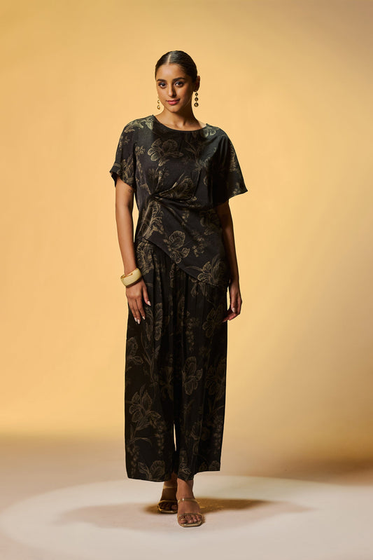 Party Wear Black Silk Co Ords Set With Flower Of Dull Gold Foil