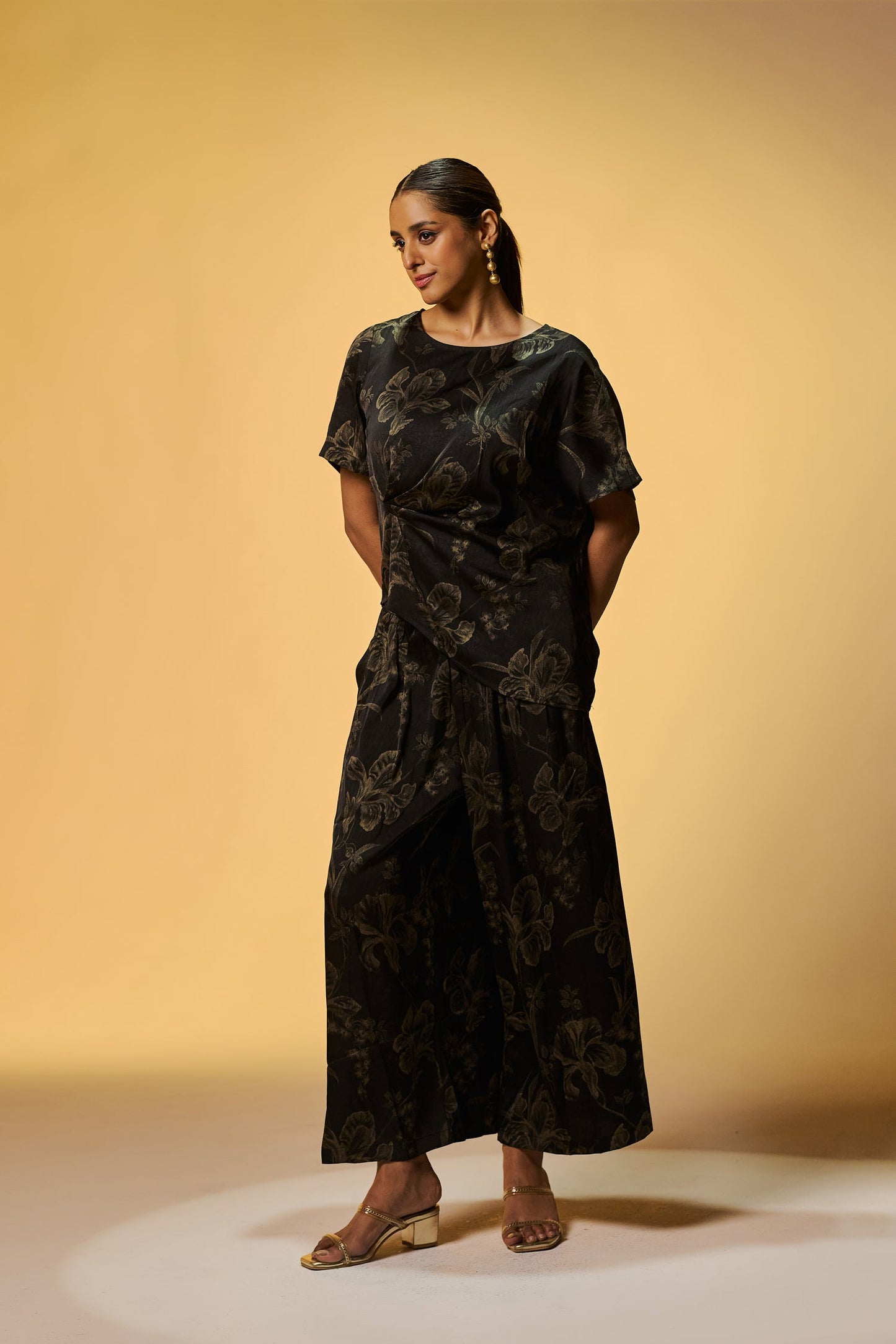 Party Wear Black Silk Co Ords Set With Flower Of Dull Gold Foil