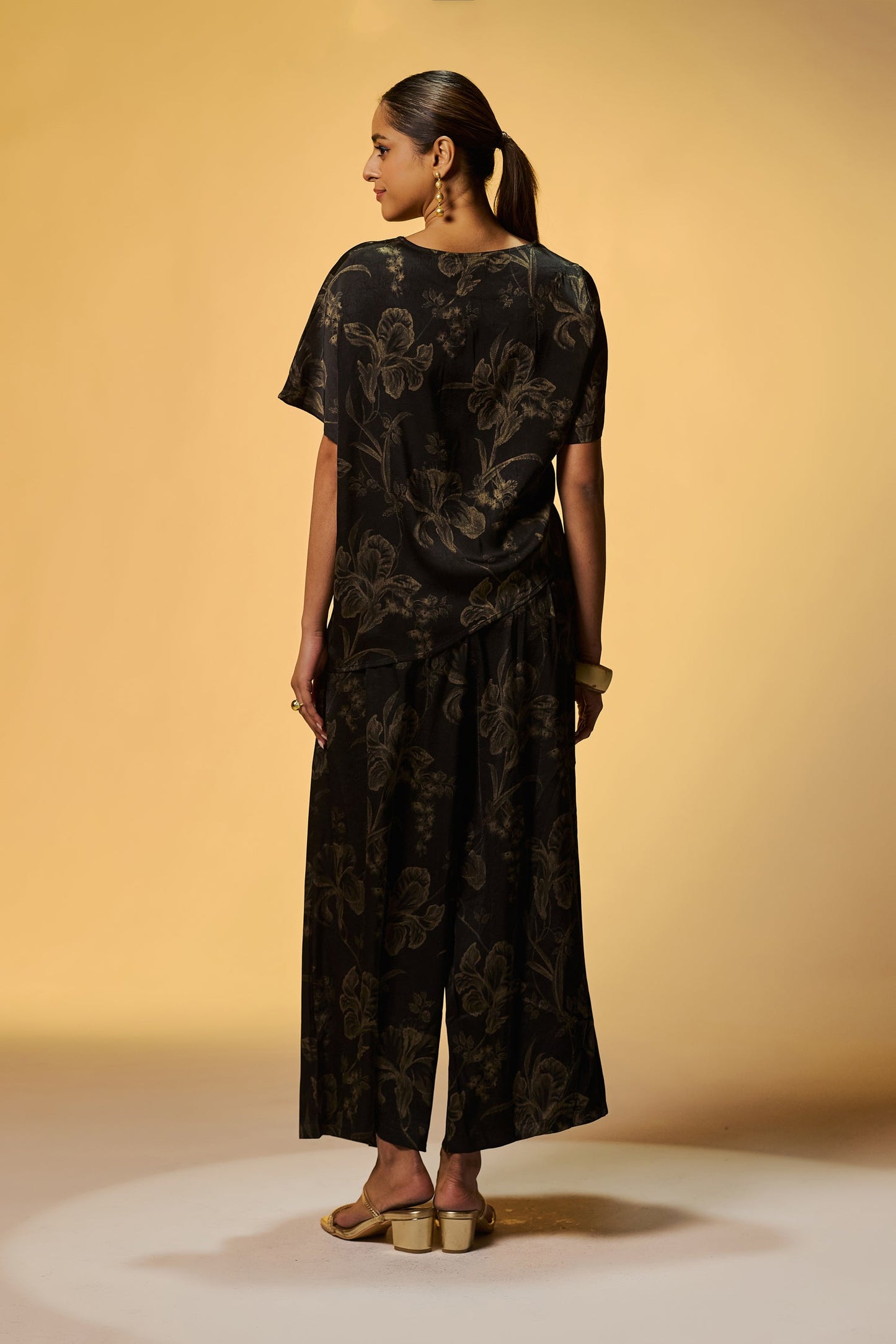 Party Wear Black Silk Co Ords Set With Flower Of Dull Gold Foil