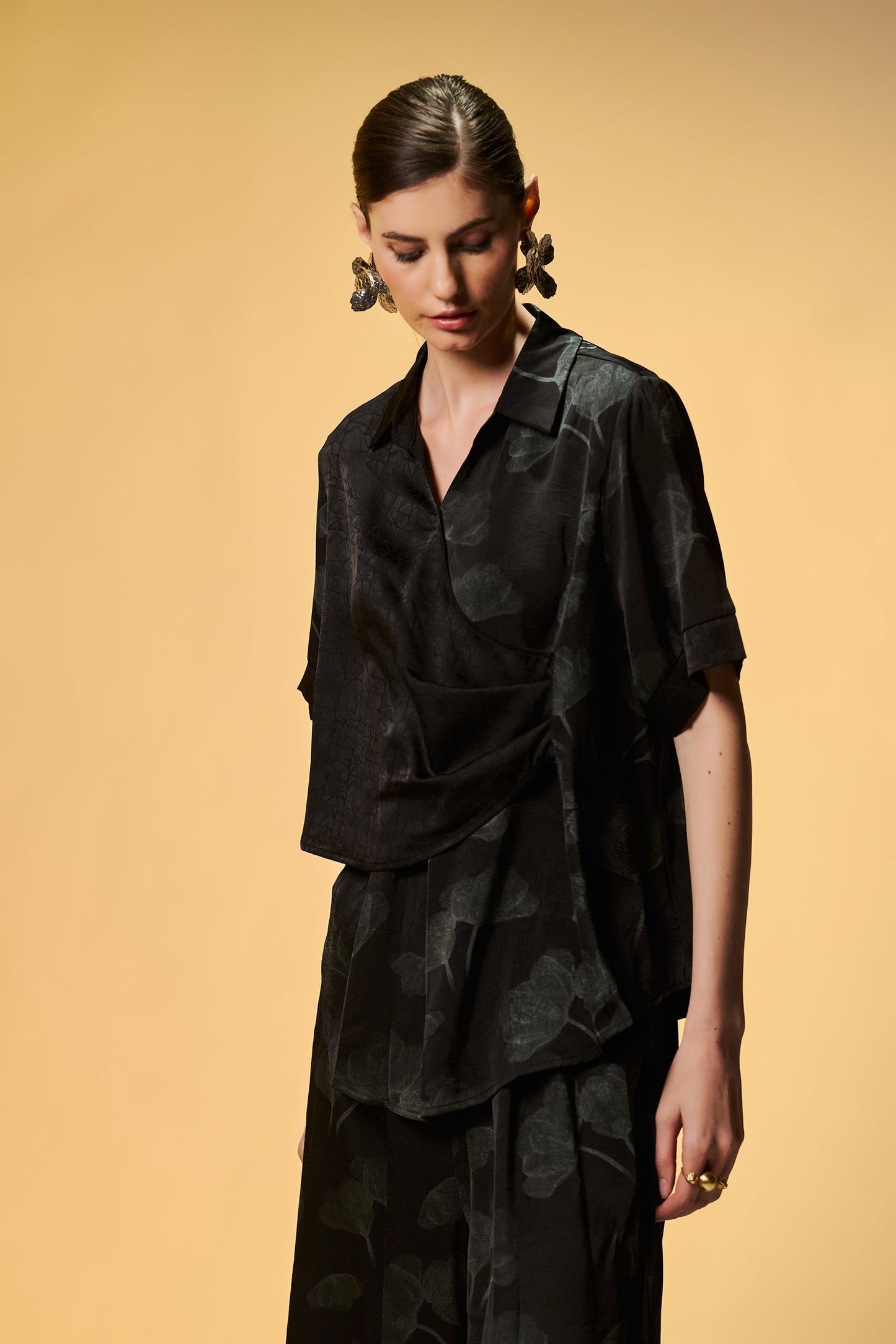 Party Wear Black Silk Co Ords Set With Foil Print & Black Textured Flap