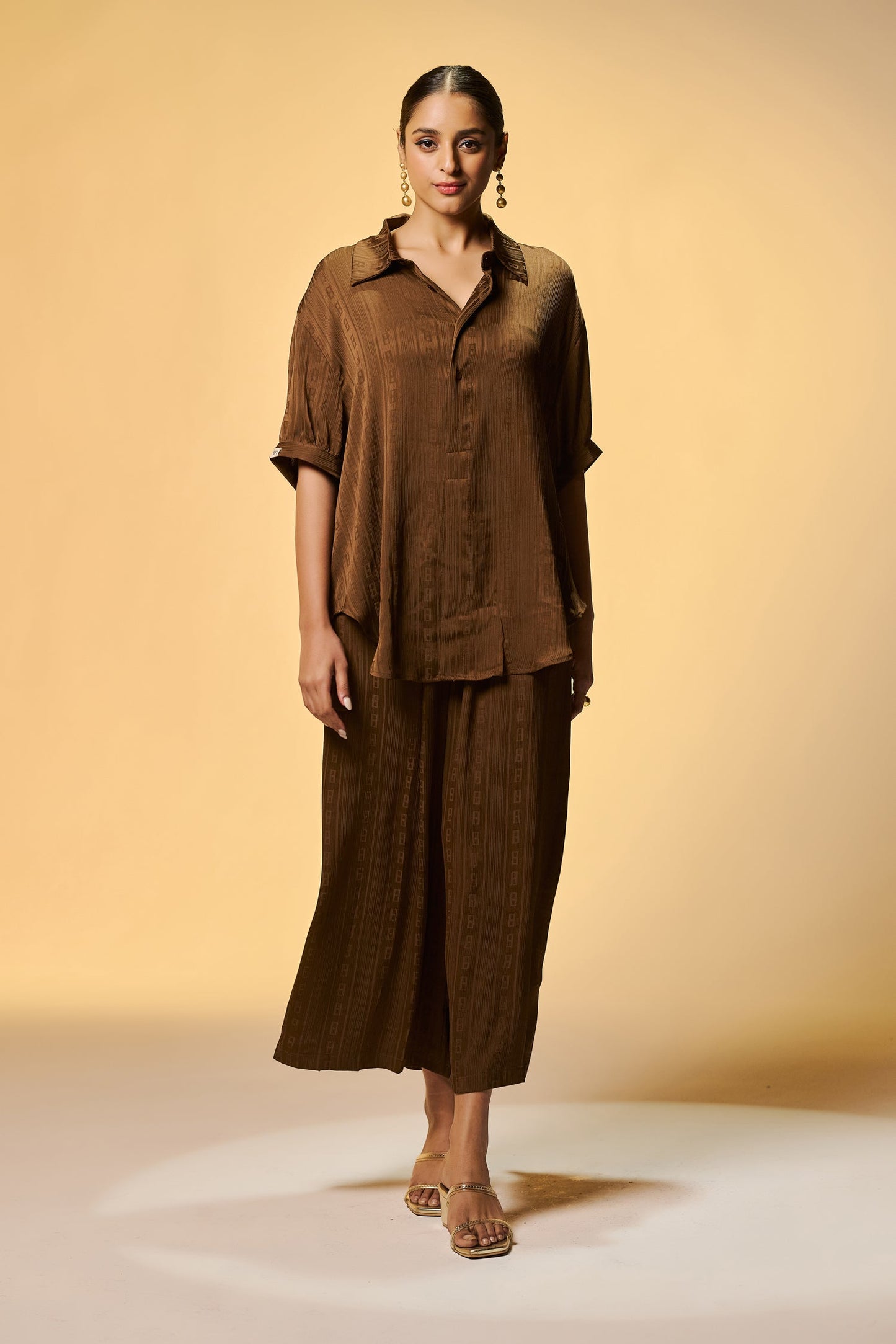 Semi Casual High Low Brown Color Self Weaved Co Ords Set