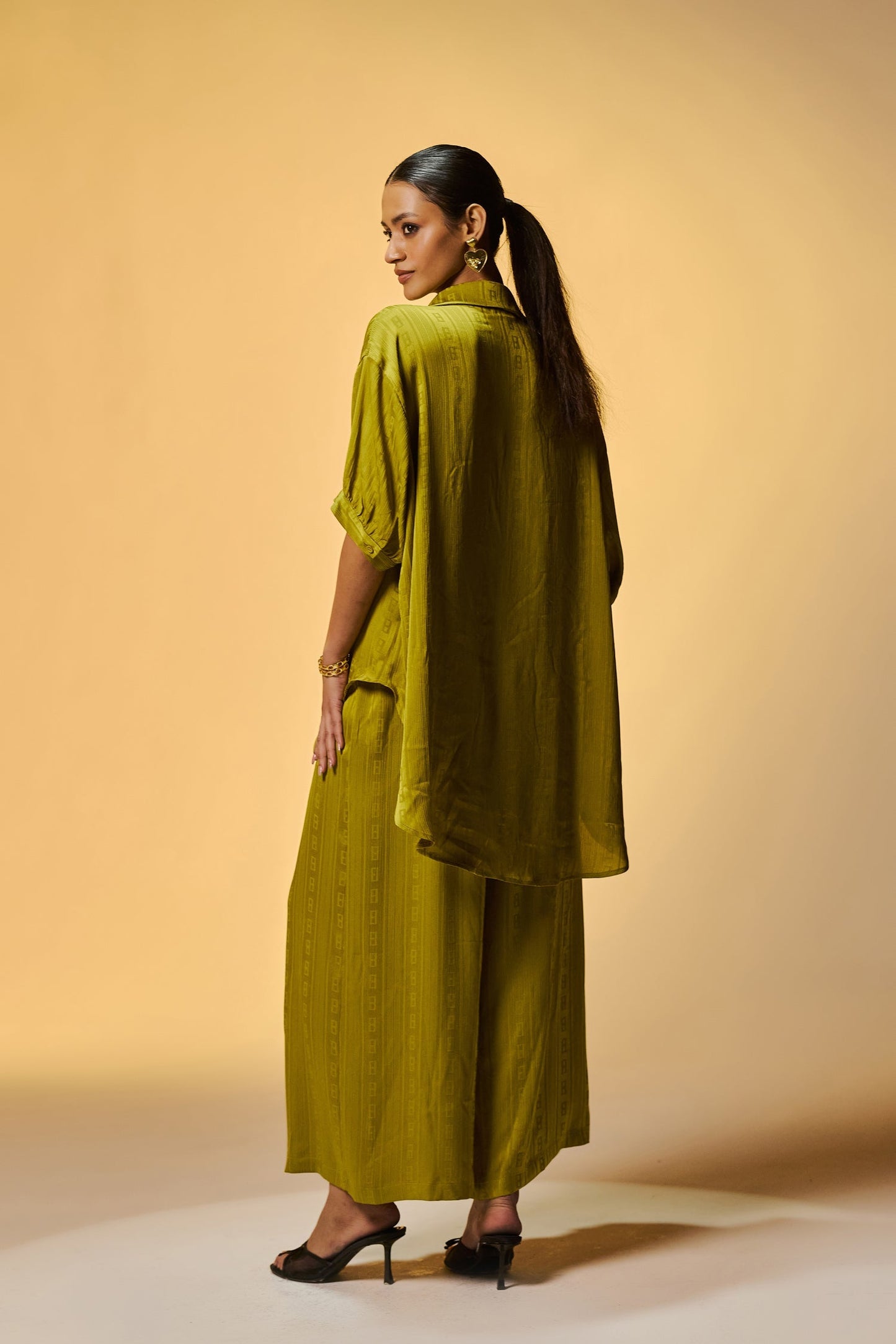 Semi Casual High Low Light Green Color Self Weaved Co Ords Set