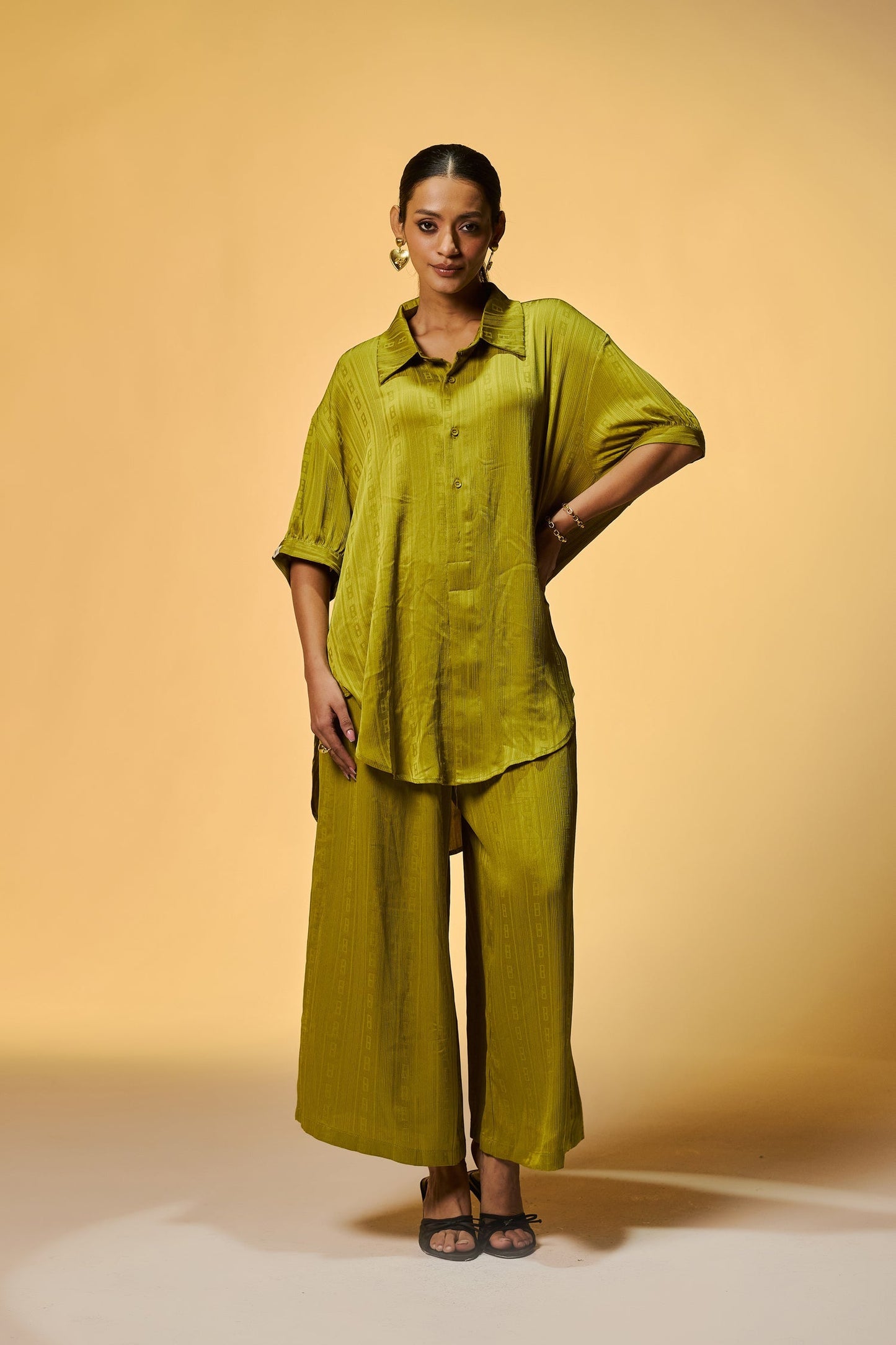 Semi Casual High Low Light Green Color Self Weaved Co Ords Set