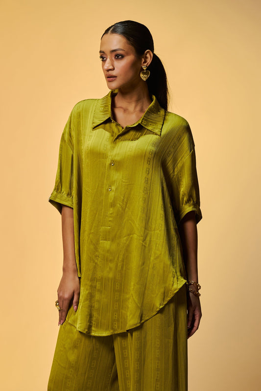 Semi Casual High Low Light Green Color Self Weaved Co Ords Set