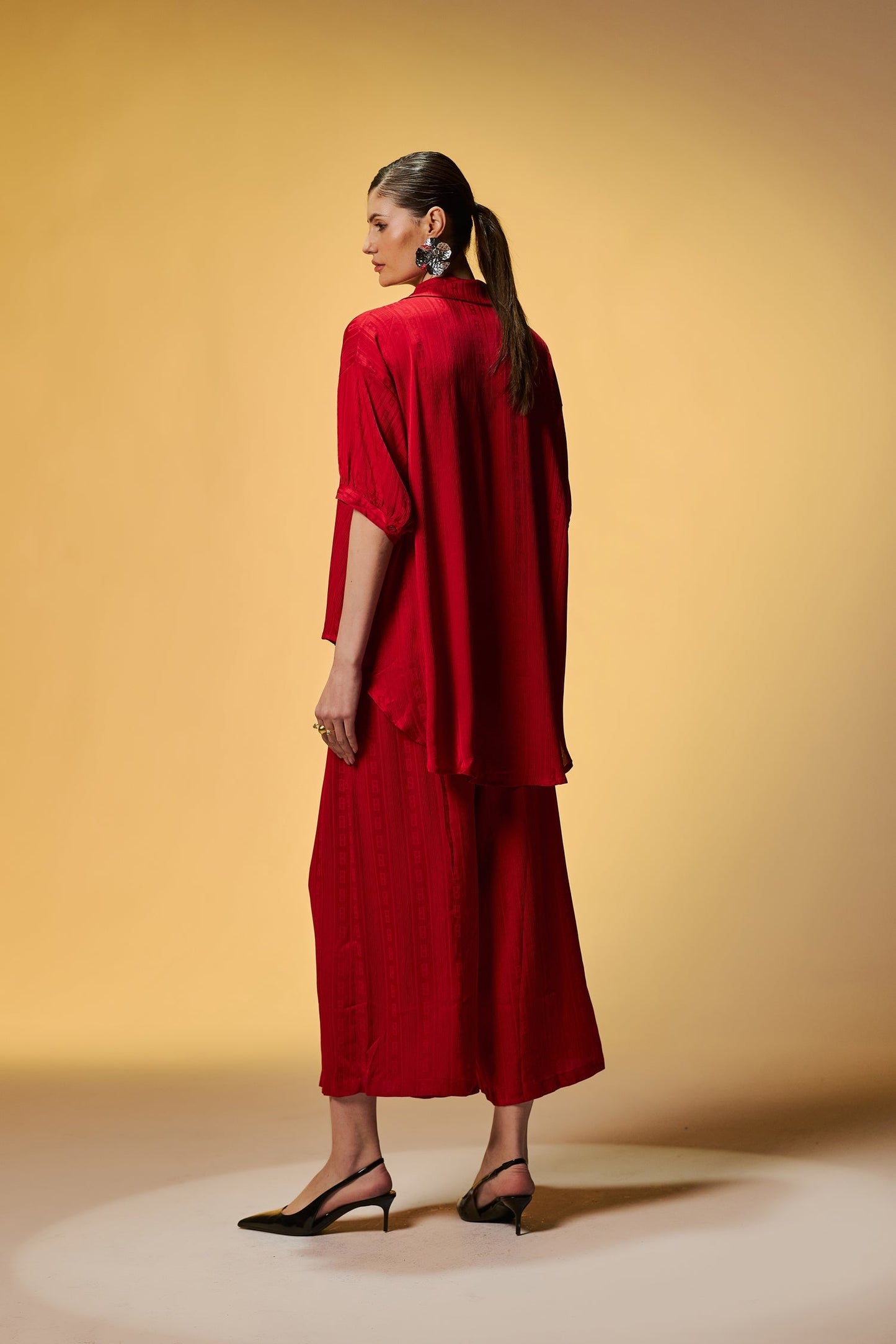 Semi Casual High Low Red Color Self Weaved Co Ords Set