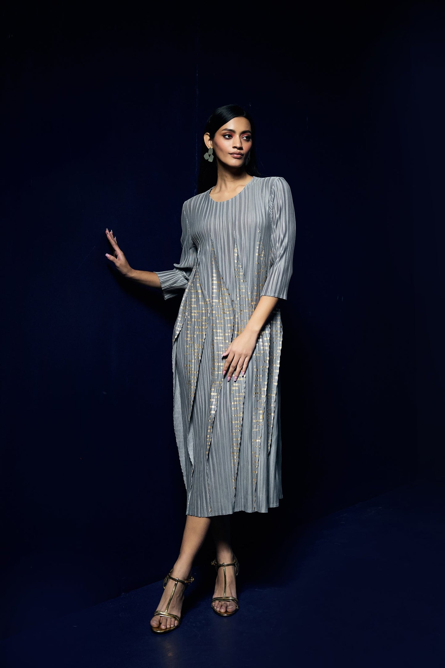 Party Wear Grey Pleated Dress With Foil Print