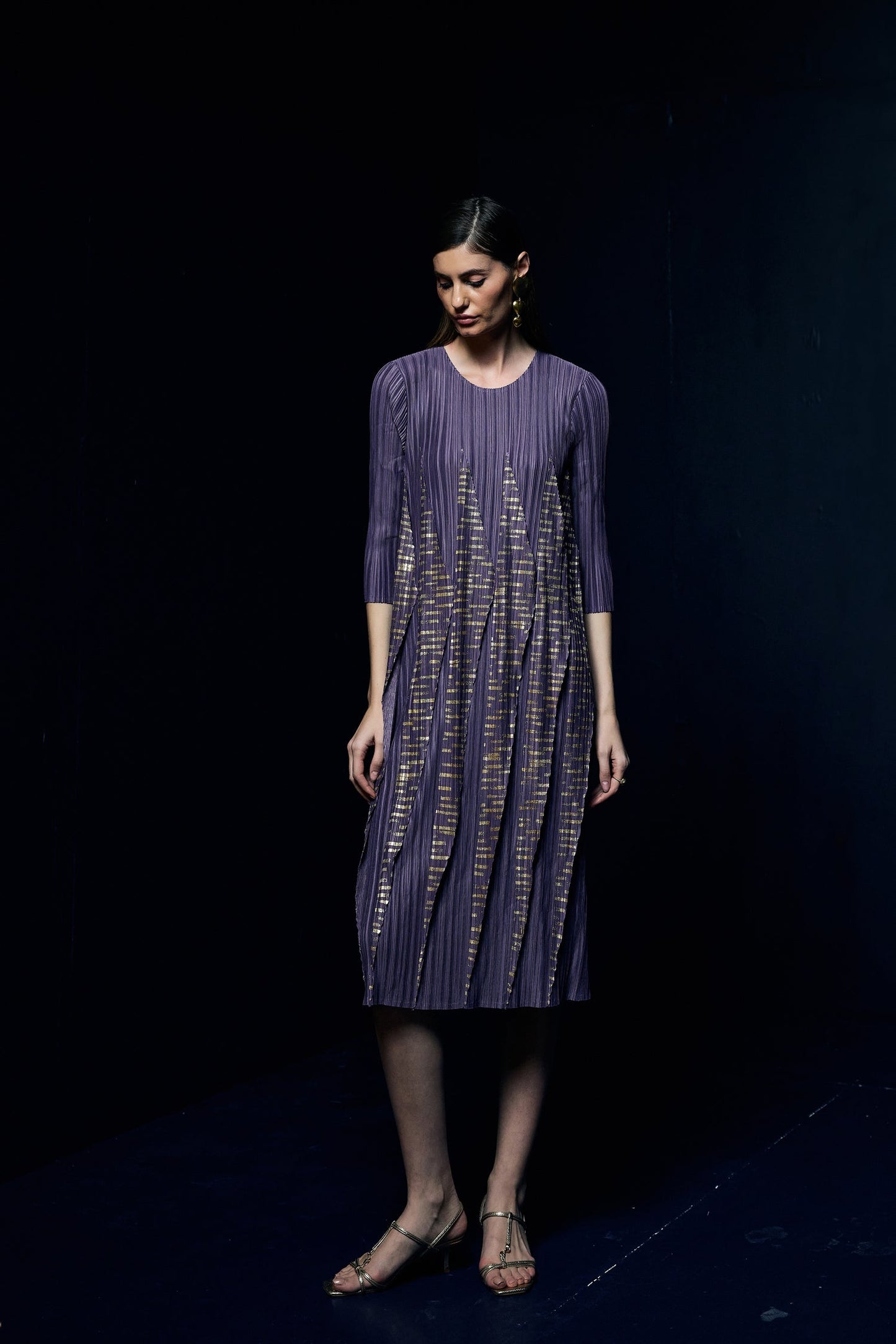 Party Wear Purple Pleated Dress With Foil Print