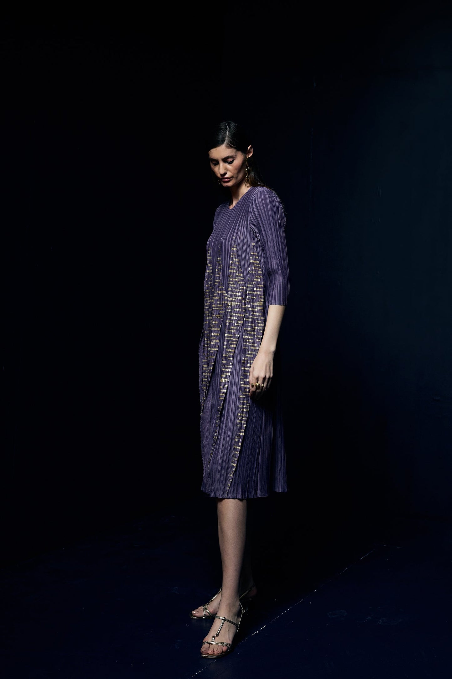 Party Wear Purple Pleated Dress With Foil Print