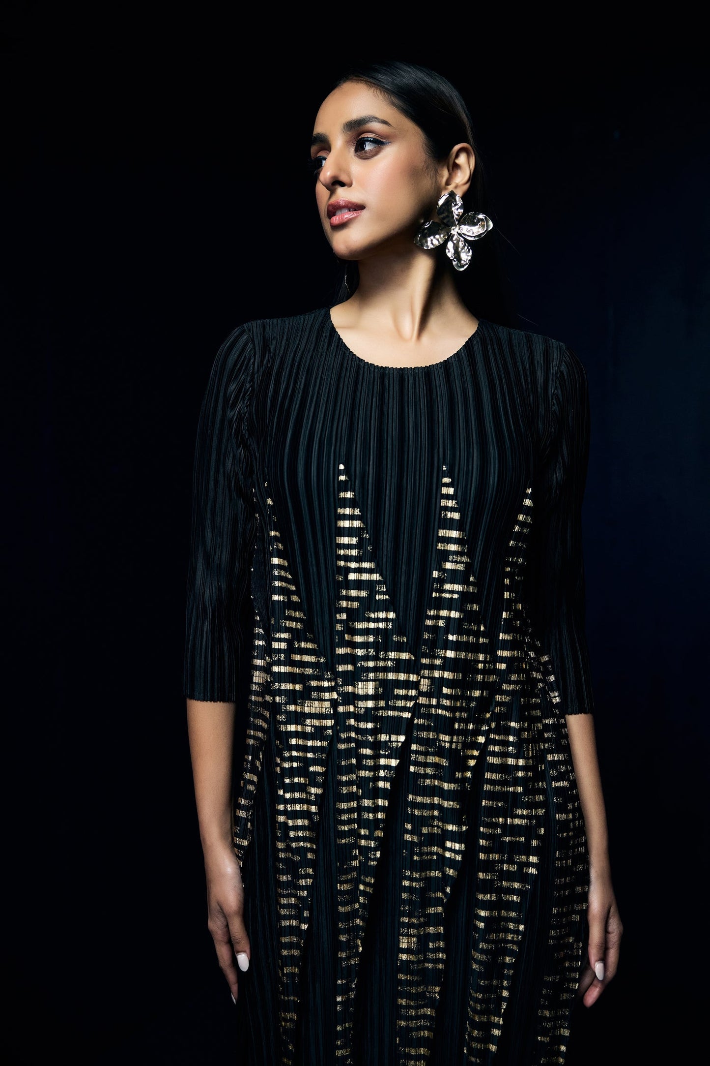 Party Wear Black Pleated Dress With Foil Print