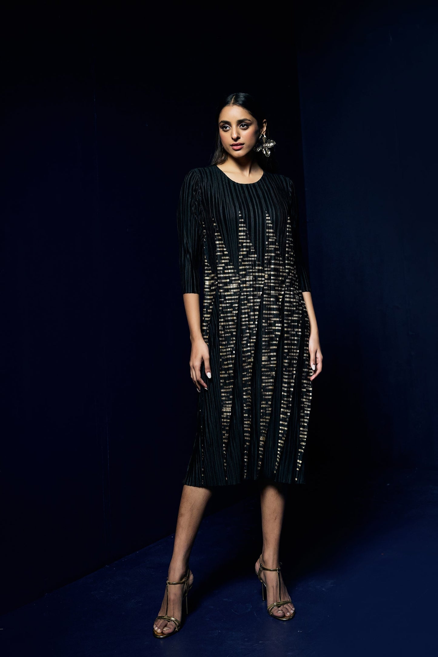 Party Wear Black Pleated Dress With Foil Print