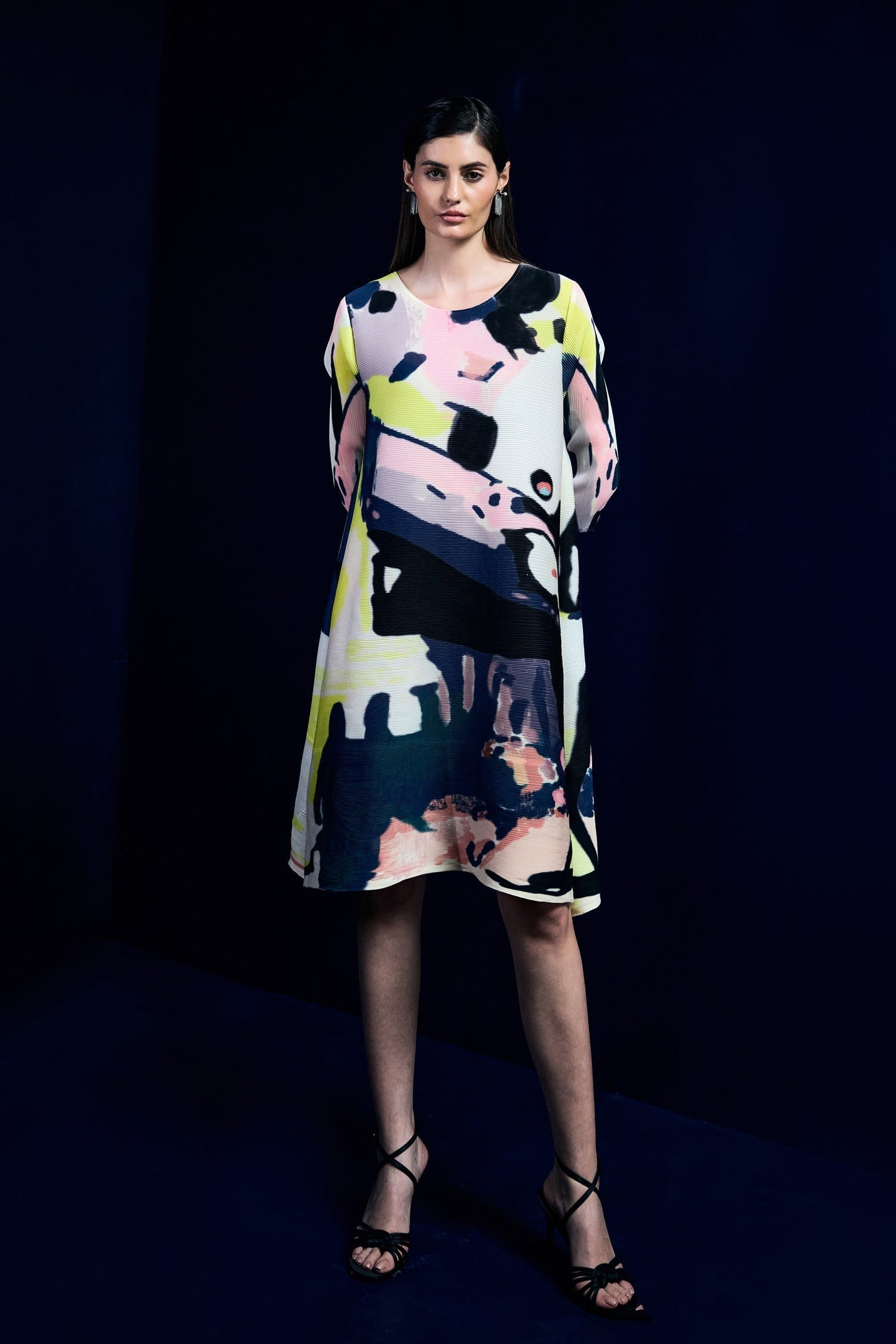 Multi Color Abstract Print Pleated Dress