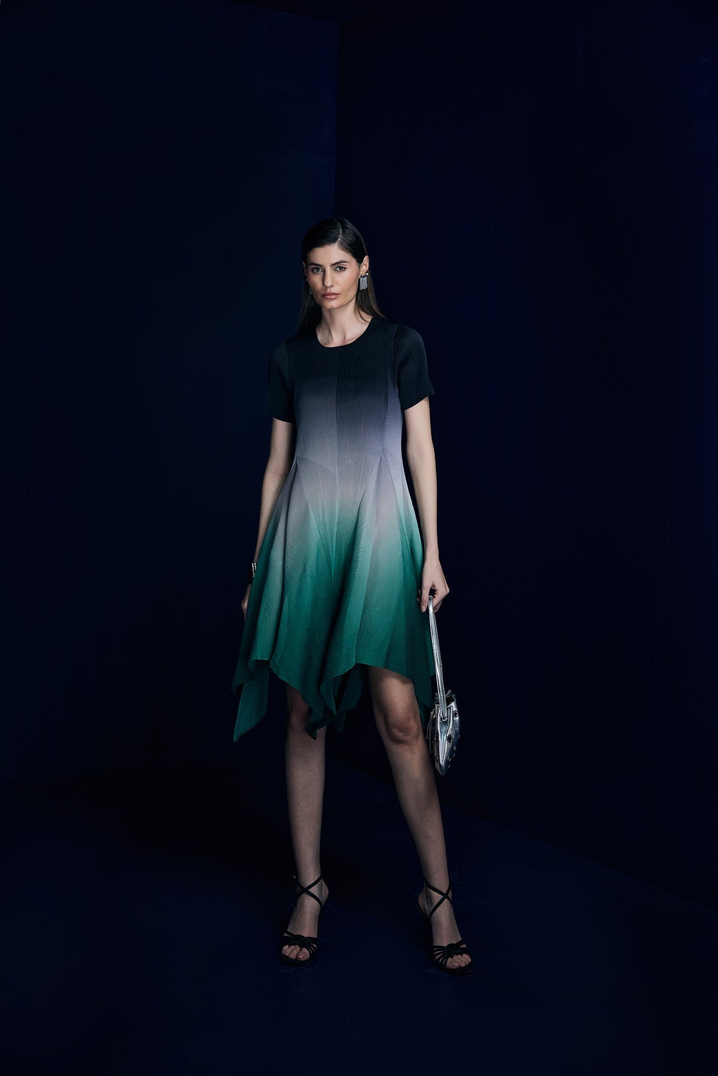 Black To Green Ombre Pleated Dress