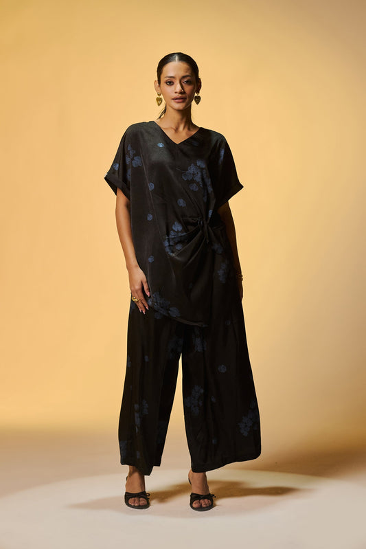 Party Wear Black Silk Co Ords Set With Blue Foil Print