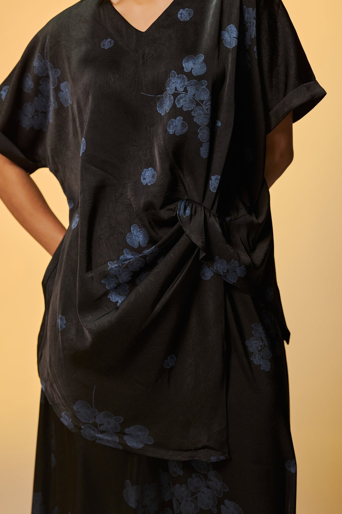 Party Wear Black Silk Co Ords Set With Blue Foil Print