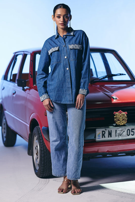 Casual Denim Blue Color Shirt With Embroidered details